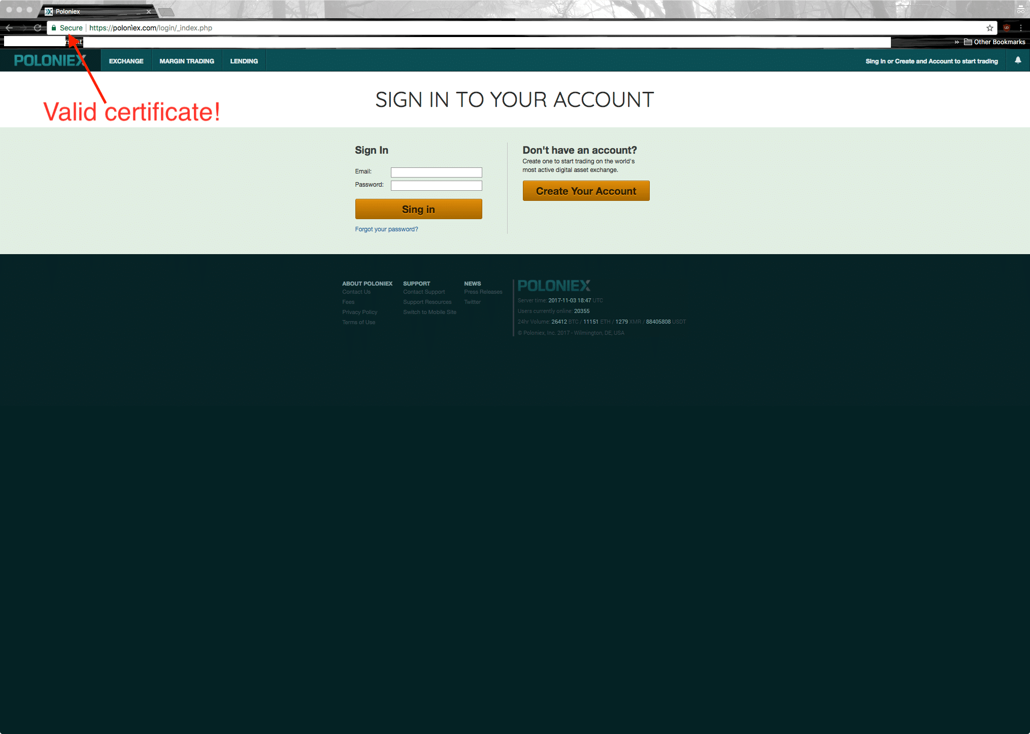 Screenshot of a suspected Poloniex phishing website