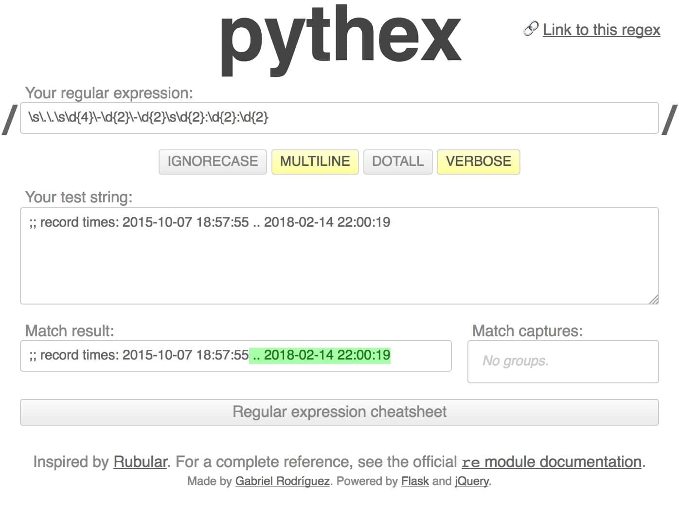 The pythex regular expression construction tool, used to mask the varying last time seen