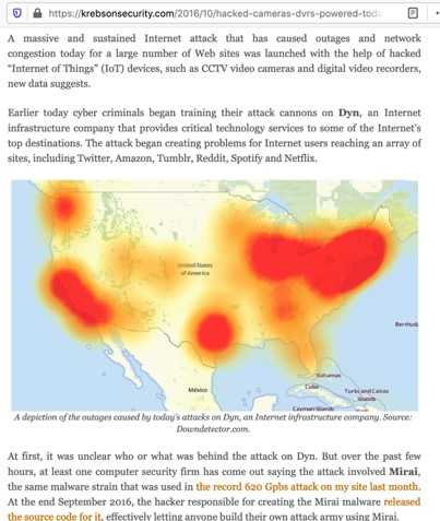 Screenshot of https://krebsonsecurity.com/2016/10/hacked-cameras-dvrs-powered-todays-massive-internet-outage/ showing outage map