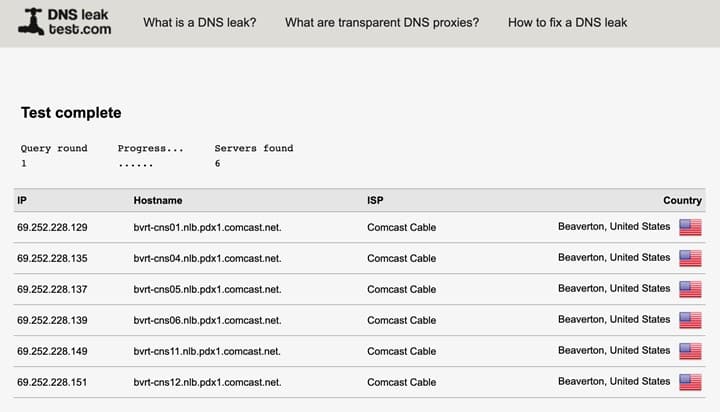 DNS Leak Test screenshot for Comcast users