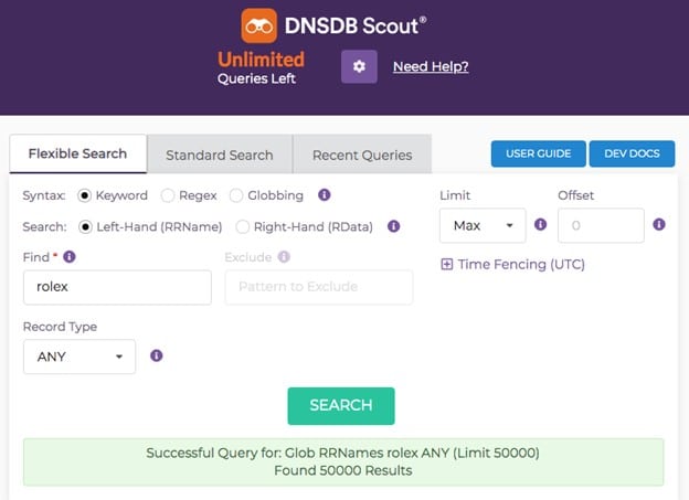 DNSDB Scout screenshot showing keyword flexible search