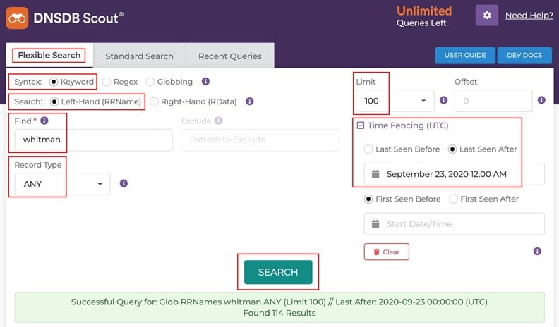 DNSDB Scout Flexible Search Query For Whitman