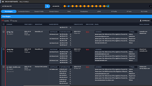 A screenshot of a cybersecurity analysis platform displaying detailed domain information. It includes data such as hostnames, IP addresses, WHOIS details, and threat scores. The interface uses a dark theme with highlighted sections and tabs for navigation.