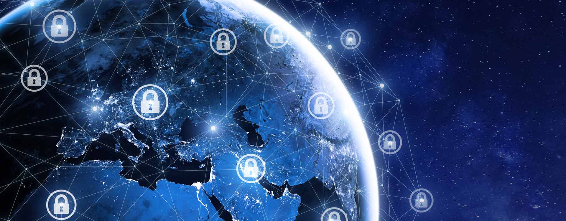 A digital illustration depicting earth from space with glowing secure lock icons connected by lines over continents, symbolizing global cybersecurity networks.