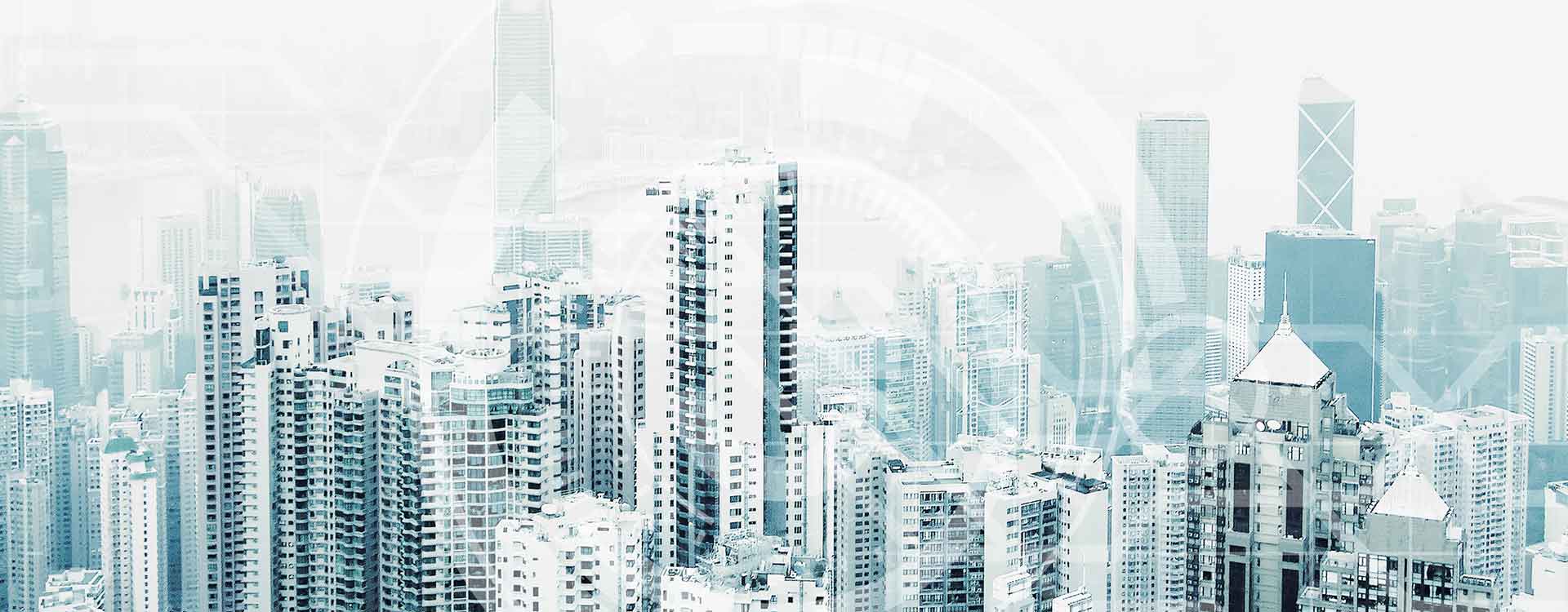 An abstract cityscape with multiple layers of skyscrapers in muted blue and white tones, creating a dream-like atmosphere through overlaid translucent graphics.