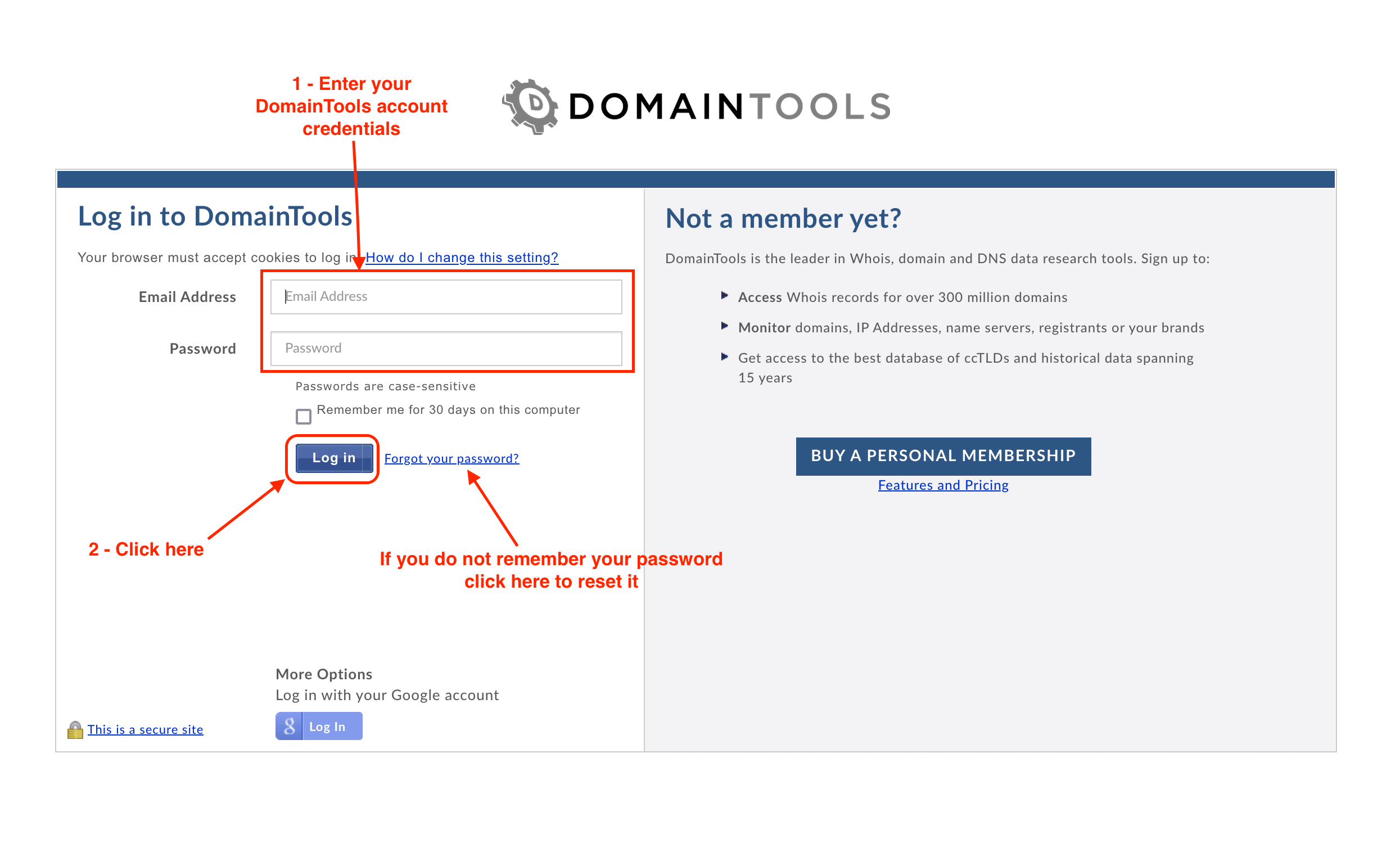 Research.DomainTools.Com login screen with email, password, and button.
