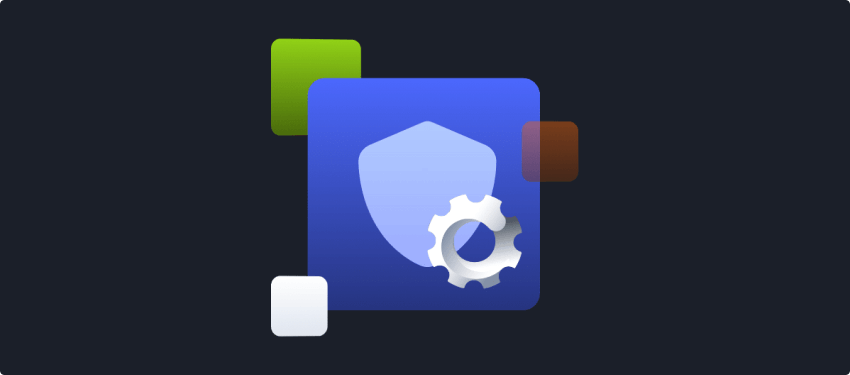 In a DomainTools demo, a blue square with a white shield and gear icon is centered, enveloped by smaller squares in green, brown, and white. The backdrop is dark gray.