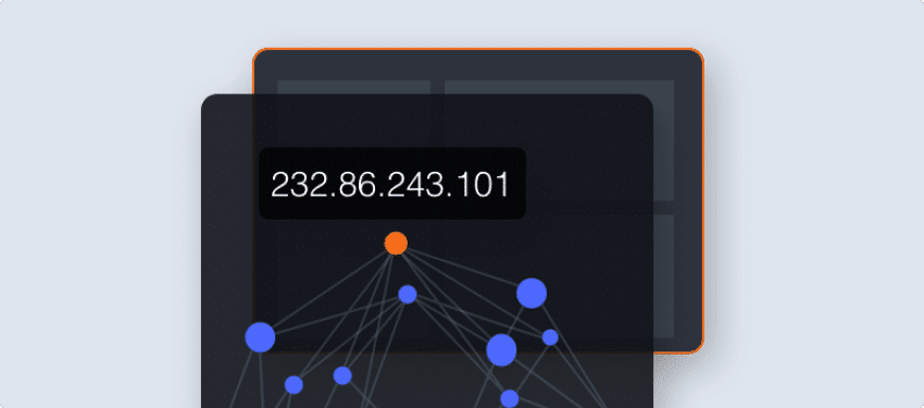 Illustration showing a network diagram with interconnected nodes. One node is highlighted in orange, likely showcasing a feature from a DomainTools demo. An overlay displays the IP address "232.86.243.101" in white text against a backdrop of subtle, dark rectangular shapes.