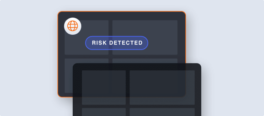 A digital interface showcasing a "Risk Detected" alert with a globe icon in the top left corner sets the stage for a DomainTools demo. The background features blurred elements, adding to the tech-themed design.