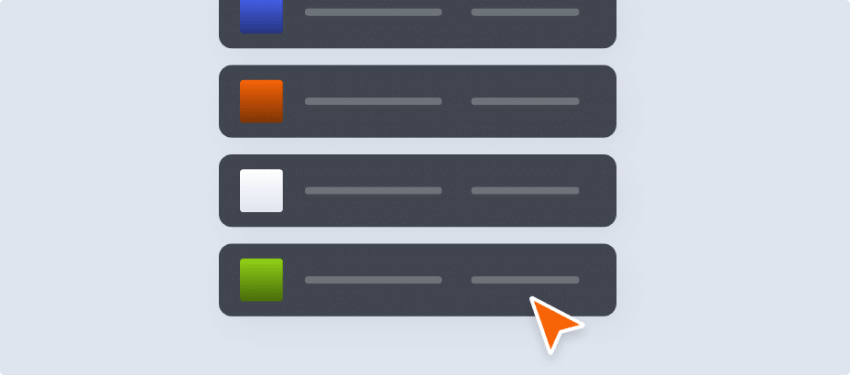 An interface showcasing the DomainTools demo features a list of horizontally aligned dark rectangular bars in gray, red, white, and green. Each bar is accented with gray dashed lines while an orange cursor highlights the green bar at the bottom.