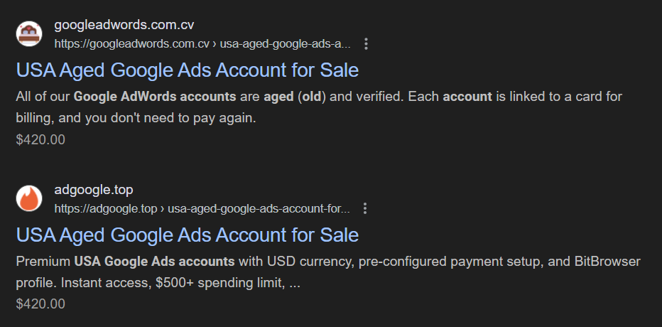 Screenshot of search results showing listings for "USA Aged Google Ads Account for Sale" with a price of $420. Both listings promise verified, aged accounts with linked billing.