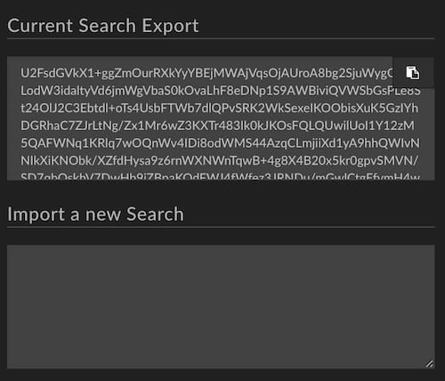 Search hash export and import controls.