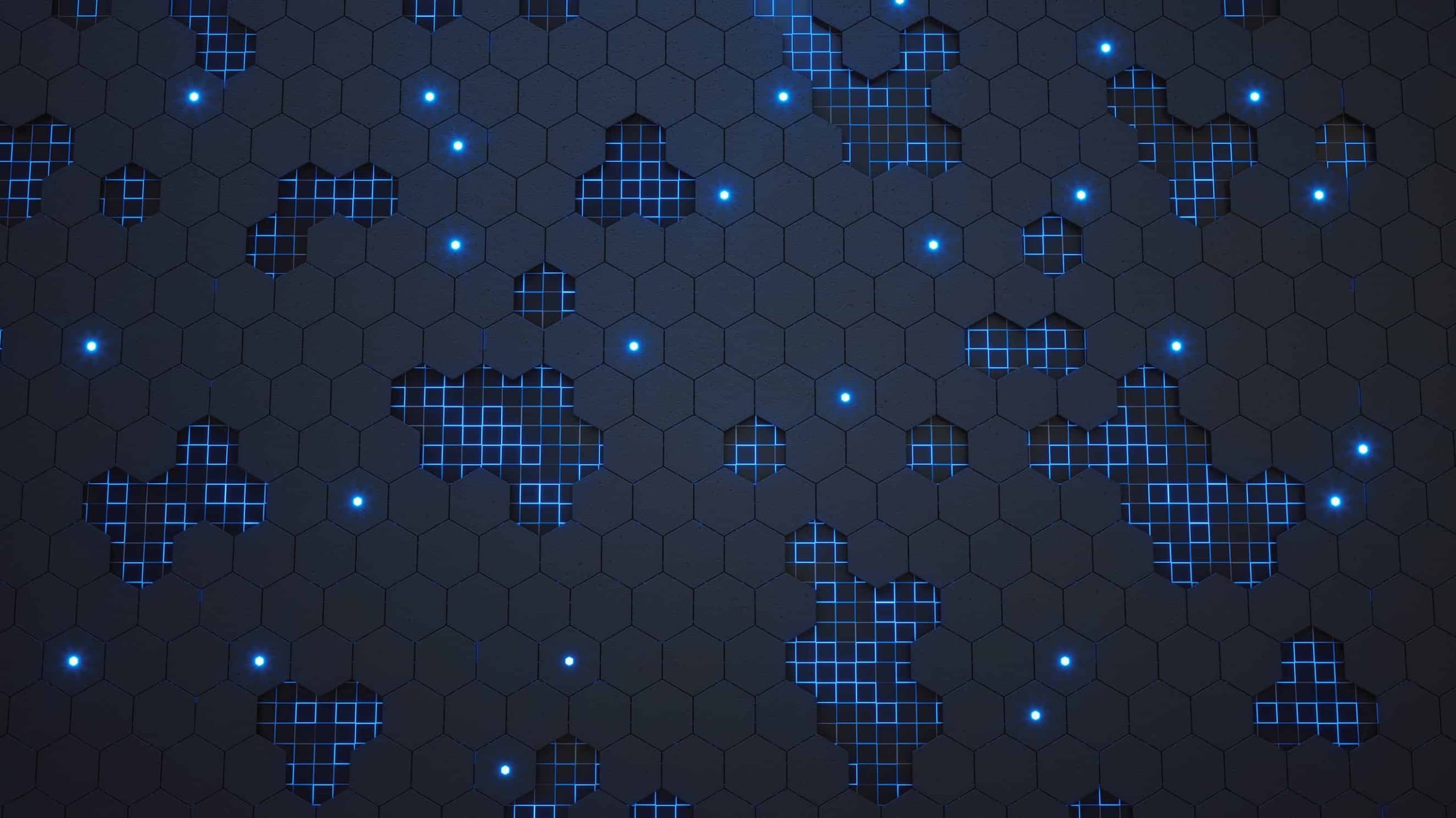 A dark hexagonal pattern with clusters of glowing blue lights forming abstract shapes, resembling a technologically inspired wallpaper or background.