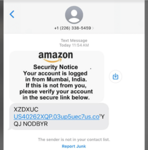 A text message screenshot displaying a supposed Amazon security notice claims the account was accessed from Mumbai, India. It requests verification via an RDAP link. The sender is not in the recipient's contact list.