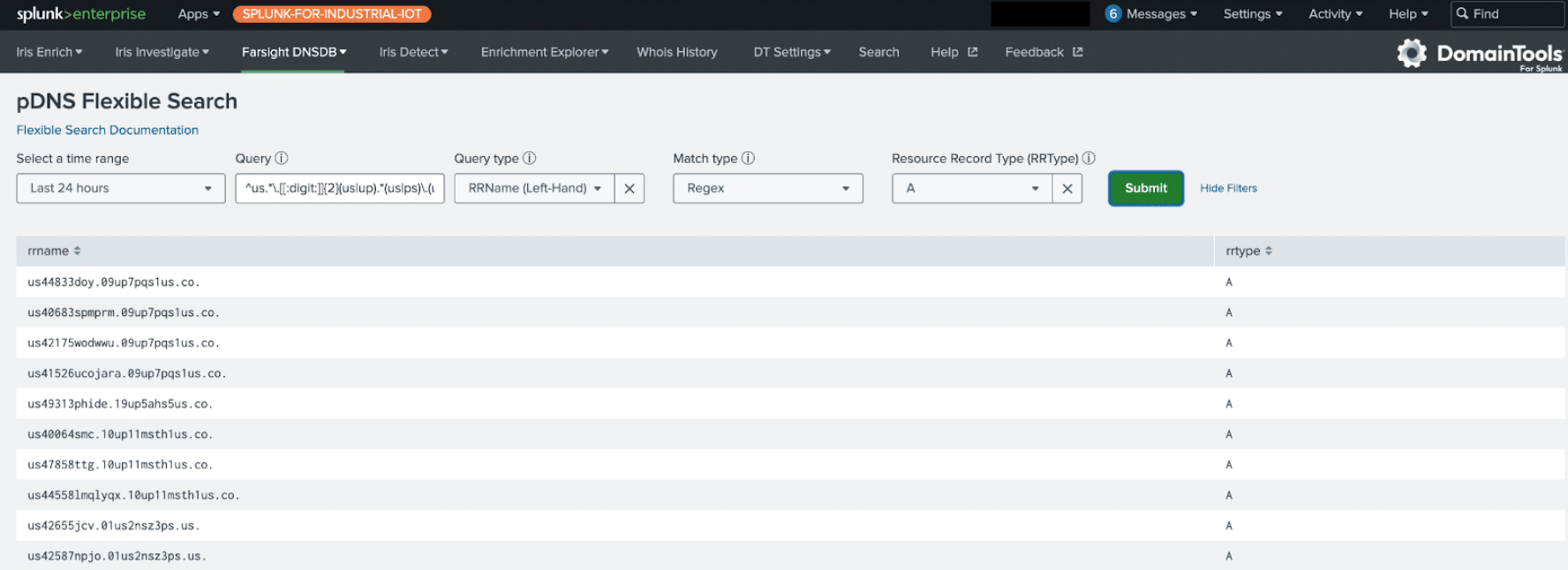 Screenshot of Splunk Enterprise interface displaying the "pDNS Flexible Search" page with RDAP integration. Users can select a time range, query type, match type, and resource record type. Results appear in a table below with columns: name and rtype.