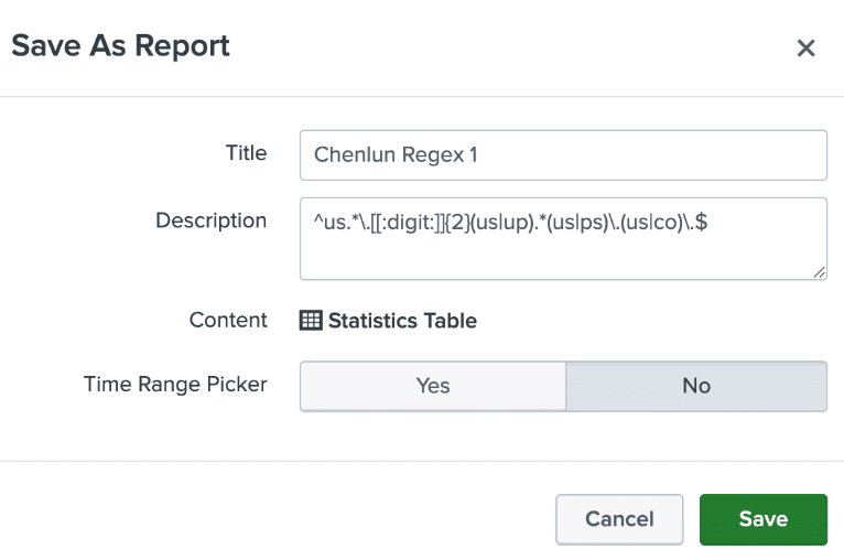 Screenshot of a "Save As Report" dialog box highlights fields like Title, Description, and Content. The Title reads "Chenlun Regex 1", featuring an RDAP regex pattern in the Description, and shows a "Statistics Table" under Content. A Time Range Picker with "Yes" and "No" options is also displayed.