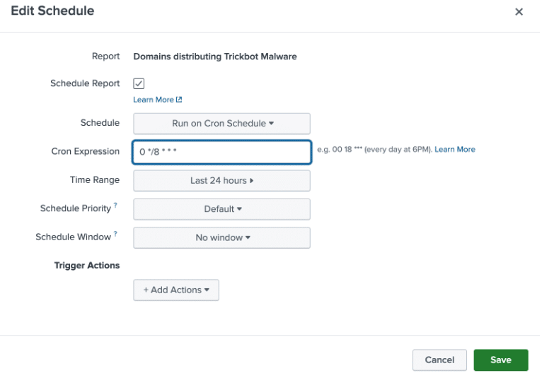 Screenshot of the "Edit Schedule" window for a report on domains distributing Trickbot malware. It features RDAP integration to enrich data, options to schedule reports, set a cron expression, choose time range, priority, schedule window, and trigger actions. Buttons for "Cancel" and "Save" are at the bottom.