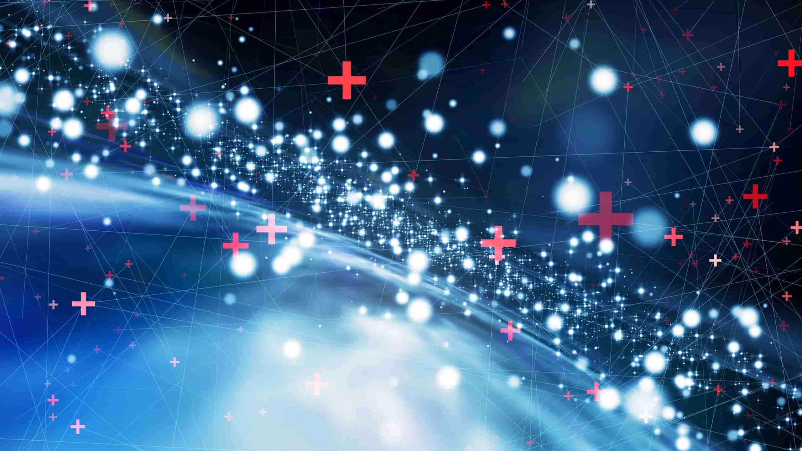 Abstract digital art of a network with nodes connected by lines against a blue-black background, highlighted with twinkling white lights and scattered red cross symbols.