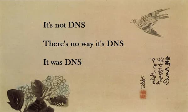 The late Dan Kaminsky, who discovered a fundamental flaw in DNS back in 2008 declared “it’s always DNS”. A similar sentiment is shared in a popular haiku.